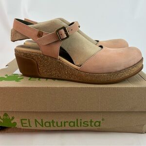 El Naturalista Peach Leather Cork Wedge Sandals Size 42 or US 11